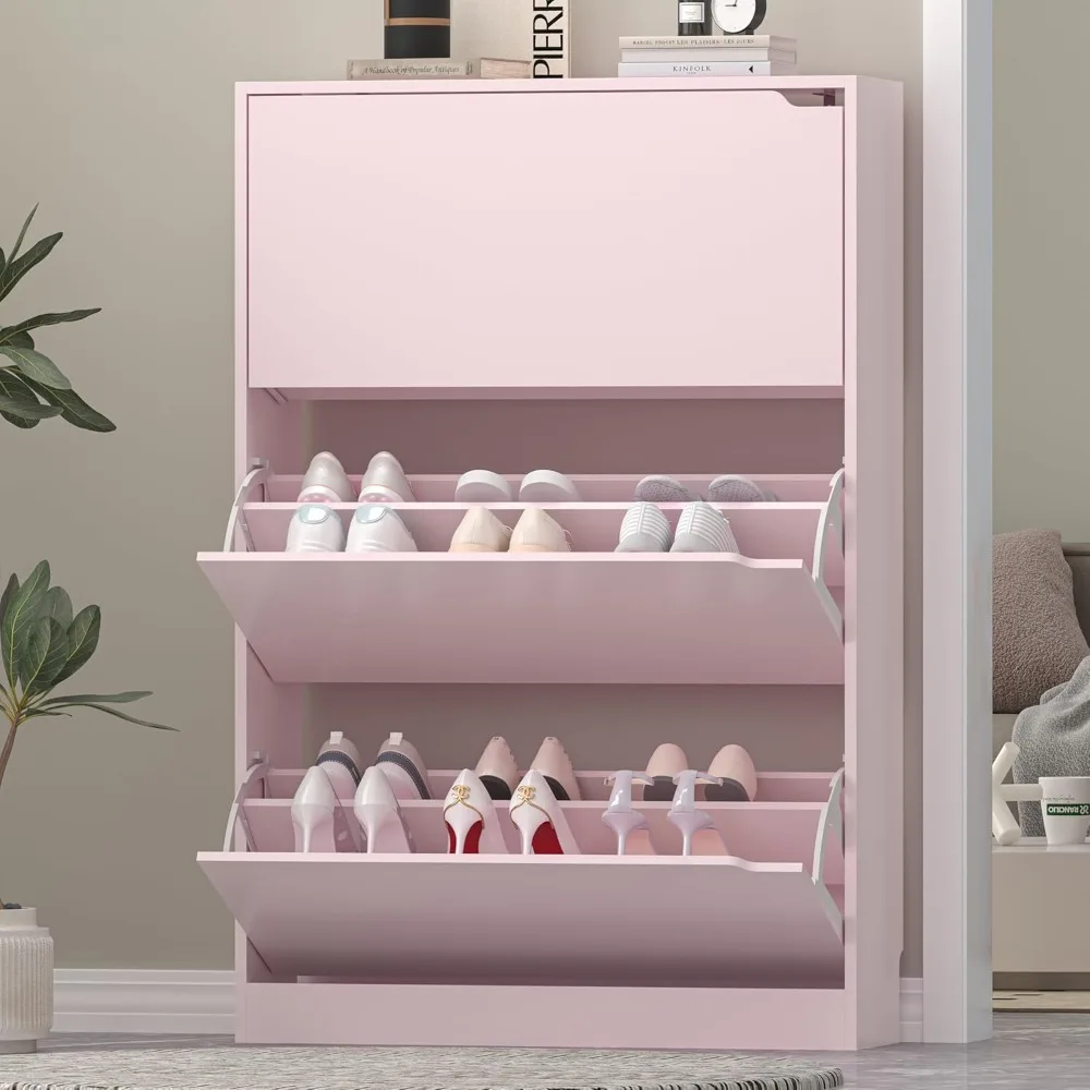 Pink 3-Drawer Shoe Storage Cabinet for Entryway - Freestanding Organizer with Hidden Shoe Rack