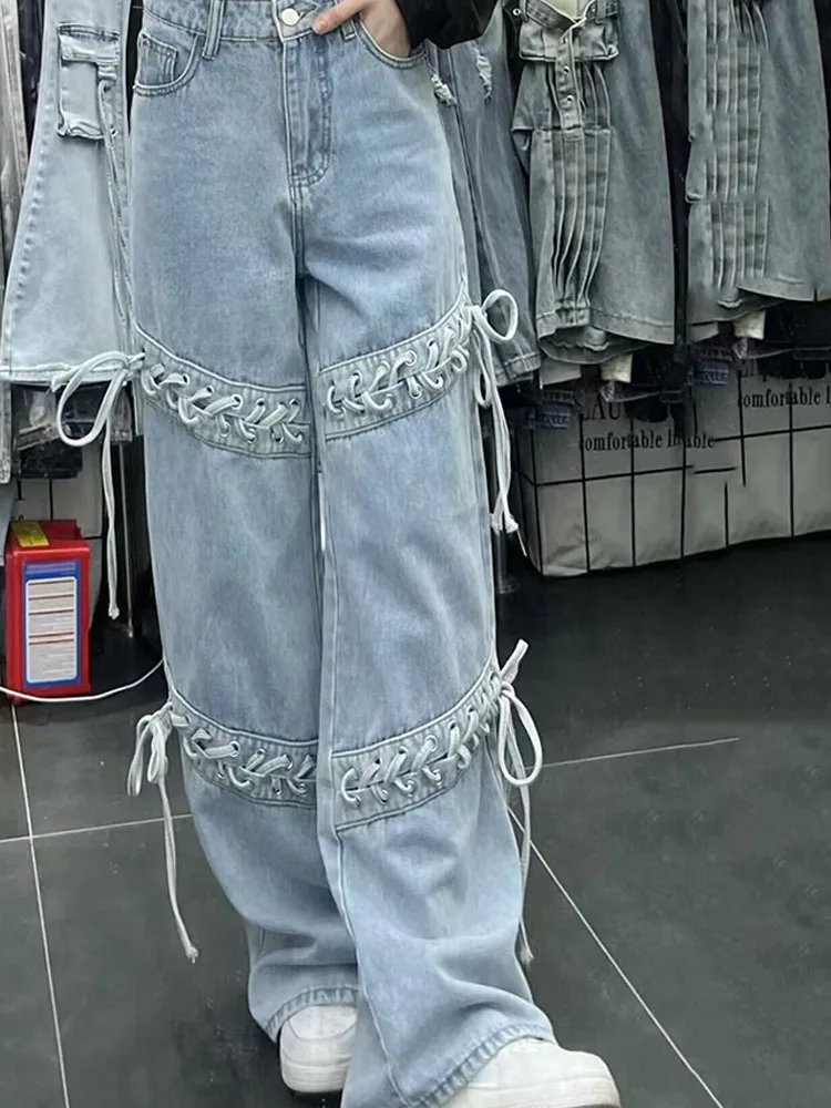 

Women's Jeans Bandage Design Hollow Out High Waist Straight Loose Wide Leg Denim Pants 2025 New Fashion Spring