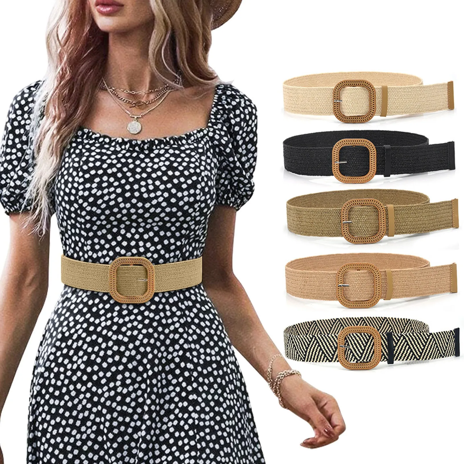 

Korean Fashion Women Grass-like Belts Woven Wide Simple Round Button Belt Cotton Linen Elastic Woven High Elastic Dress Belt