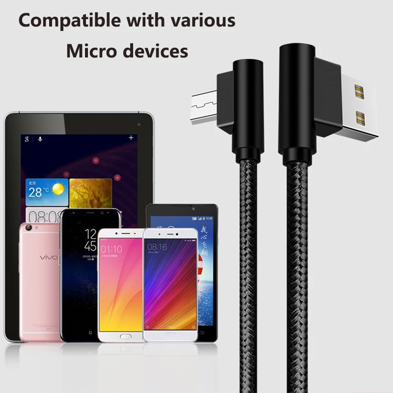 Micro cabo de dados usb de náilon 90 graus ângulo direito cotovelo fio usb 2.0 2a cabo de carregamento para micro usb android sistema telefone tablet