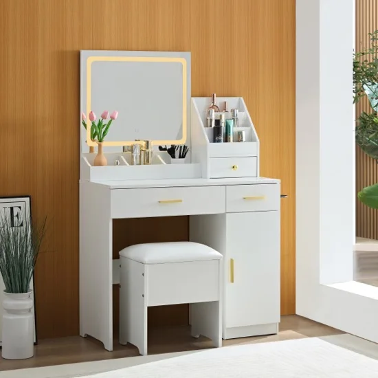 Vanity Desk With lighted mirror,3 colors of LED dressing table with  makeup organizer to make everything well-organized, white