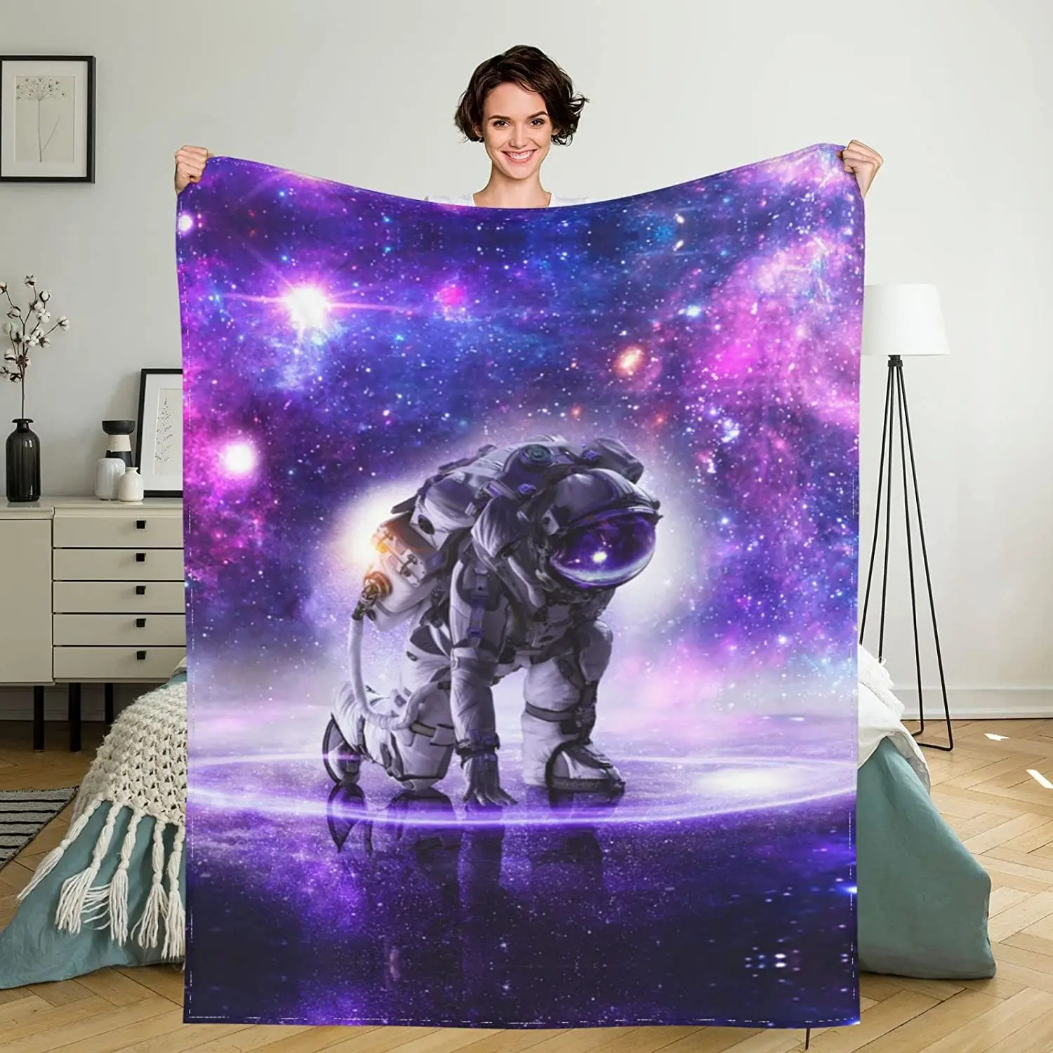 

Astronaut Fleece Throw Blanket Galaxy Astronaut in Outer Space Cozy Plush Warm Lightweight Travel Blankets for Sofa Beds Office