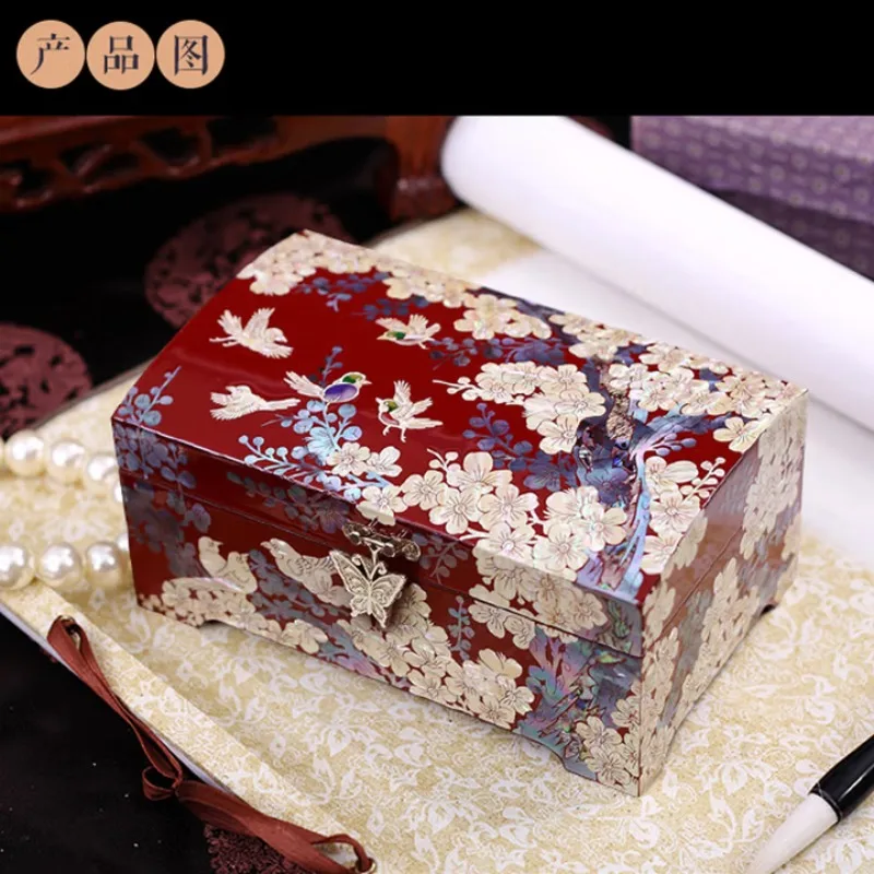 صندوق مجوهرات، ورنيش حلزون، صندوق تخزين مزدوج الطبقات من الخشب الصلب للمجوهرات