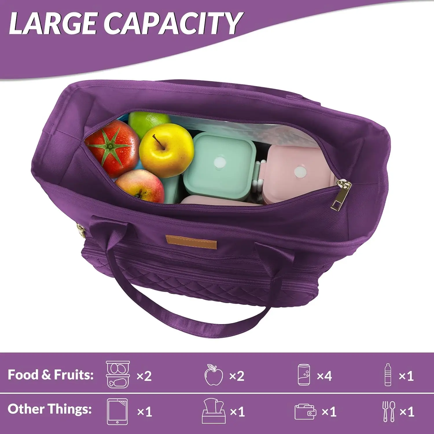 Large Insulated Lunch Bag for Work, Women's Nylon Thermal Lunch Box, Leakproof Cooler Tote Bag with Storage Pocket (Black)