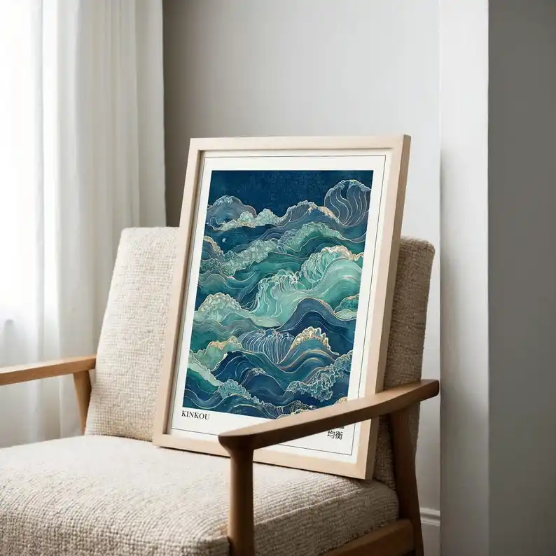 المريمية الأخضر والأزرق موجات الفن Japandi، طباعة الفن Japandi، Wabi Sabi جدار الفن، الفن الياباني، فن جدار قابل للطباعة