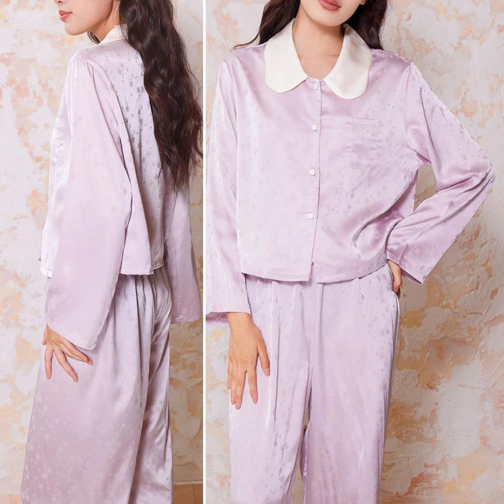 Spring Autumn Pajamas Two Piece Set Female Jacquard Long Sleeve Trouser Suit Sleepwear Sweet Doll Collar Satin Homewear Pyjama