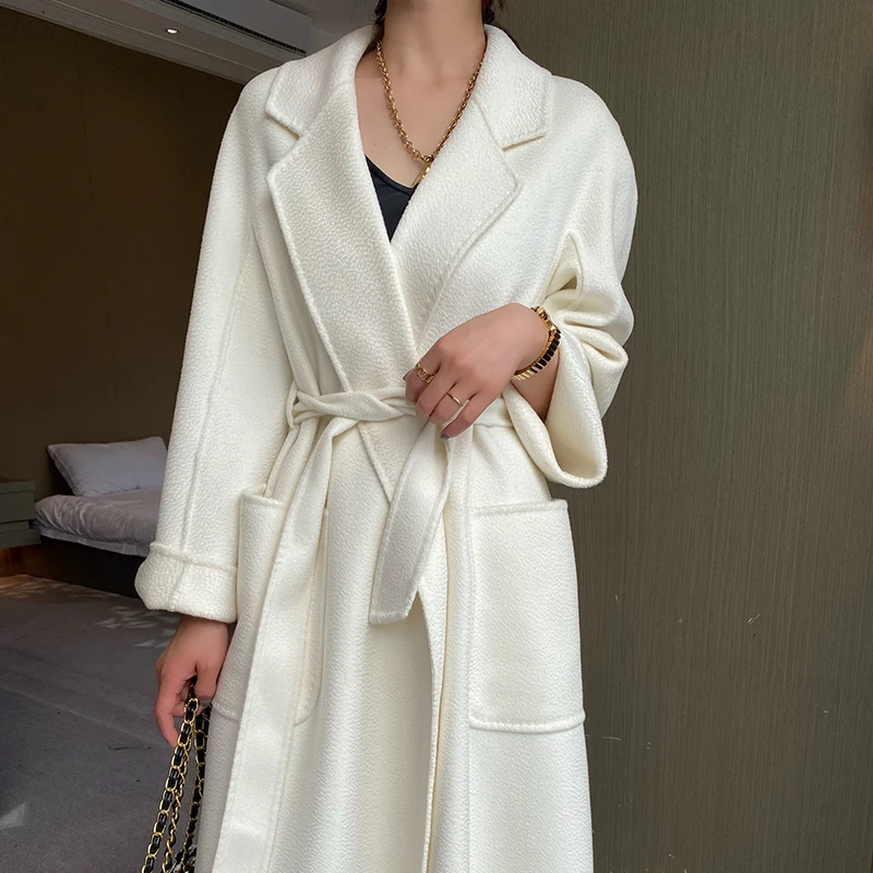 

Женское пальто из 100% чистой шерсти, корейская повседневная однотонная свободная куртка с поясом и карманом с лацканами, свободный длинный кардиган 901