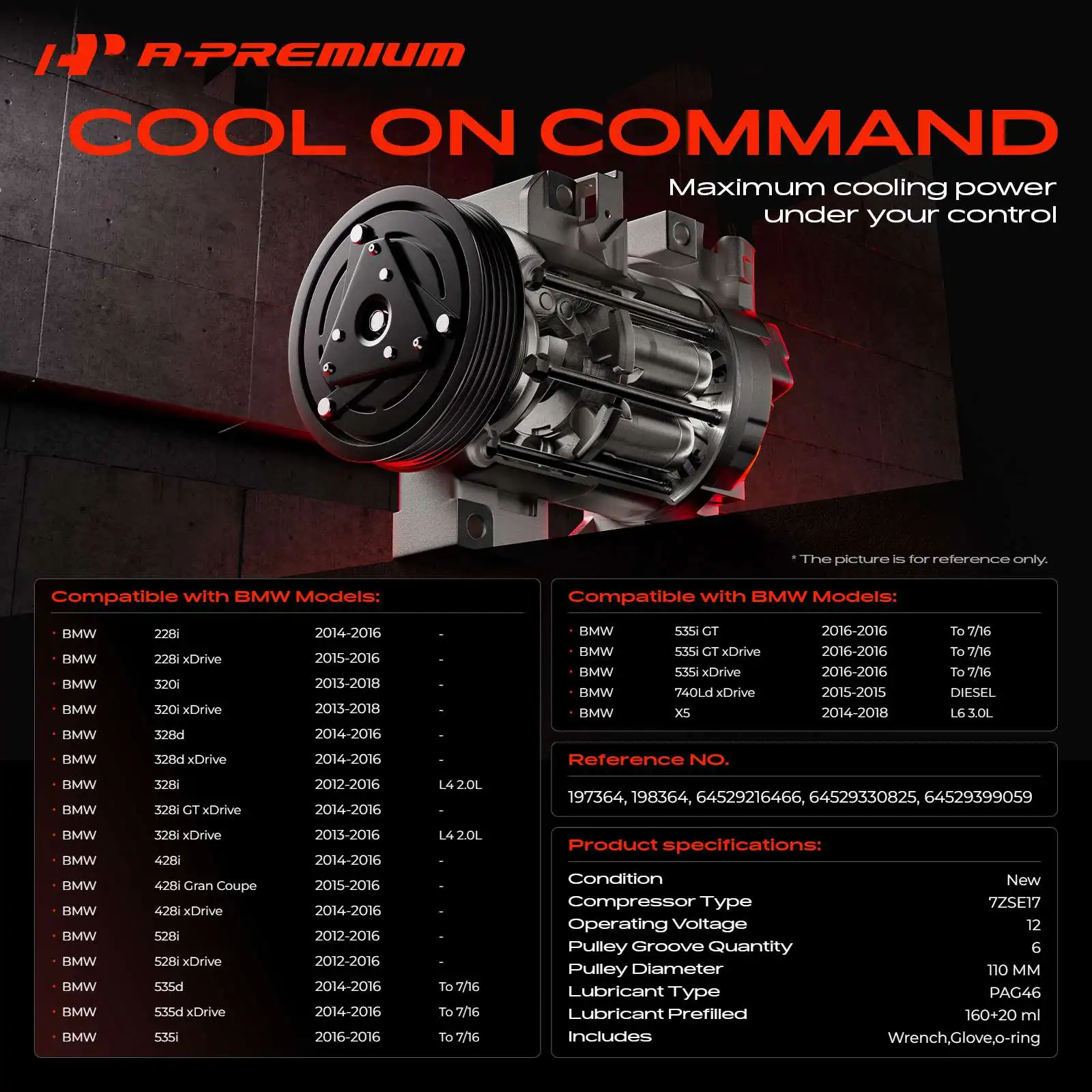 A-Premium AC Compressor w/ 7ZSE17 Style for BMW 320i 320i xDrive 2013-2018 328d 328d xDrive 2014-2016 328i 2012-2016 328i xDrive