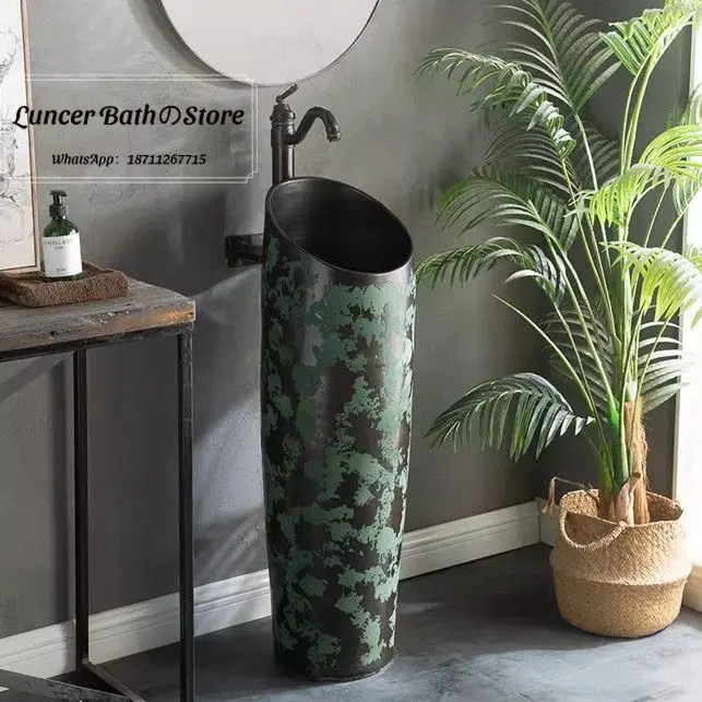 Courtyard Pedestal Sink, One Piece Column Hand Wash Basin, Floor Standing Vanity Sink for Garden, Outdoor