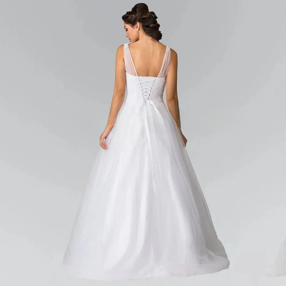 

Customized Sweet Spaghetti Strap Sleeveless Wedding Dress with Appliques Tulle A-line Floor Length Marry Dress for Back Lace Up