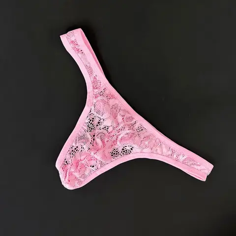 Tanga de encaje rosa para Hombre, ropa interior Sexy, Tanga para Hombre, lencería con perspectiva, bragas con espalda en T de talla grande