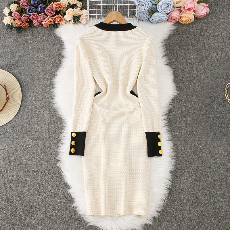 sweet Basic Slim CHAIN  lool sleeve o neck Dress  Vintage Korean Fashion Knit Vestido Women summer dresses