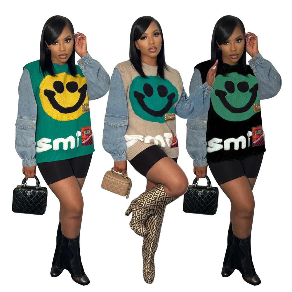 Women\'s Knitted Jean Sweaters Denim Sleeve Patchwork Thick Oversized Young Smile Face Sweater High Quality Winter New Clothing