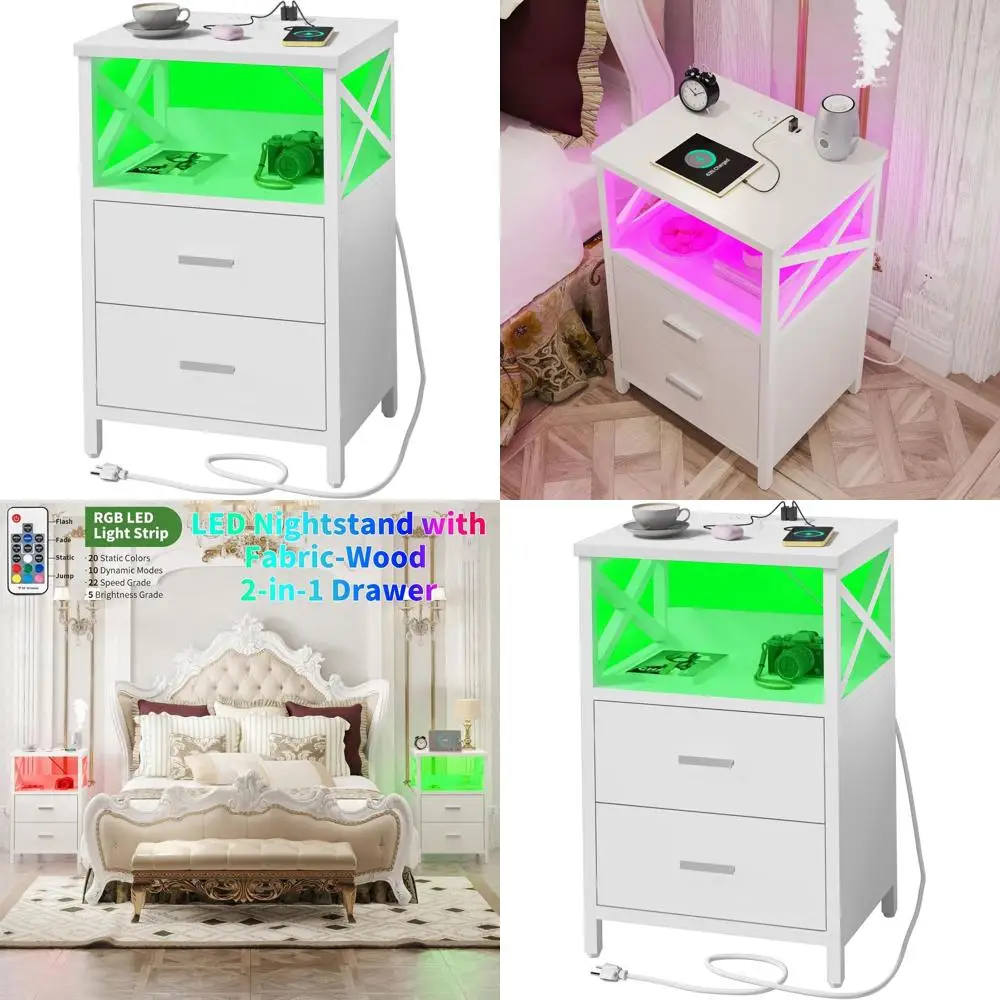 

White Fabric-Wood LED Nightstand with Charging Station, USB Ports, and Outlets for Small Spaces - Ideal for Bedroom, Living Room
