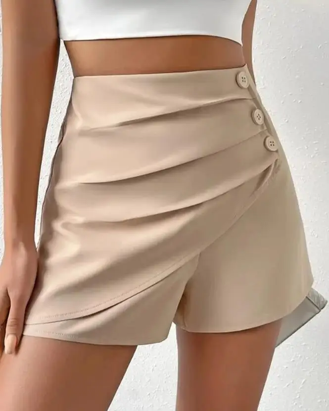 New Fashion 2023 Summer Casual Elegant High Waist Side Button Ruched Shorts Female Bottom Clothing Outfits