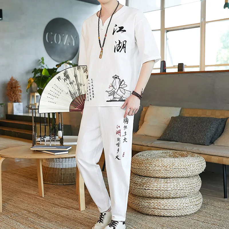 men\'s fashionable pants and shirts Summer 100% cotton and linen sportswear Men\'s suit (Shirt+pants )Men\'s casual set Spring Men