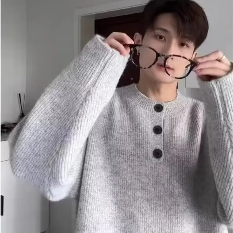 

Свободный мужской вязаный свитер с воротником Генри, осень-зима, теплый повседневный универсальный верхний светильник, трикотаж с пуговицами