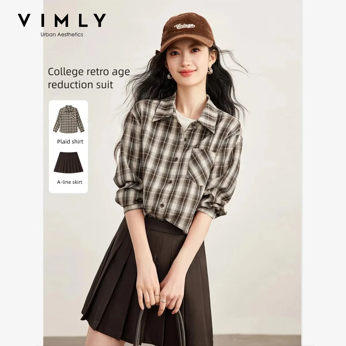 VIMLY Plaid Long Sleeve Shirt Pleated Skirt Two-piece Set Women 2026 Autumn Korean Style Casual Vintage Fashion Outfit 31892