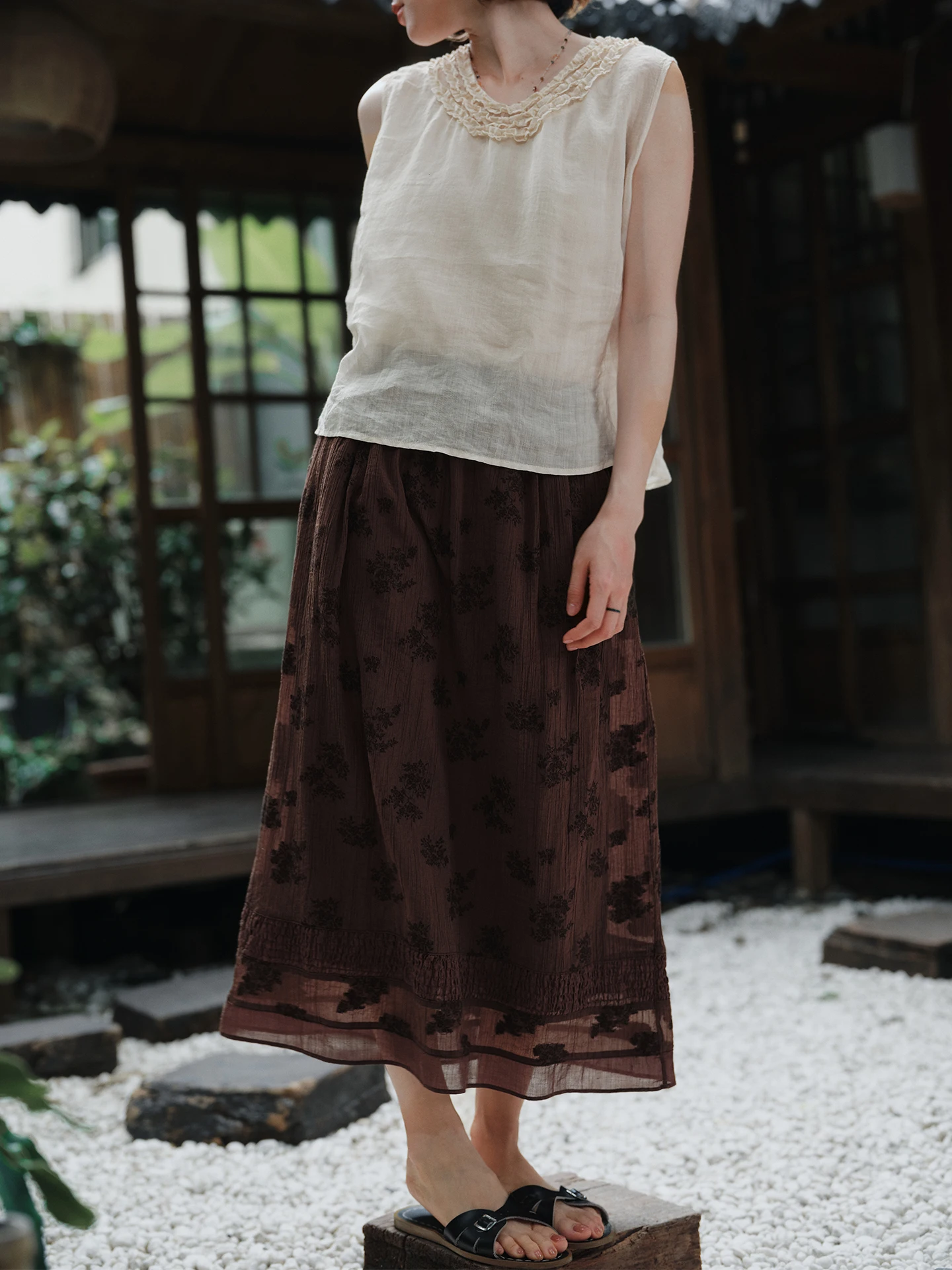 

Retro Heavy Embroidery Pleated Straight Skirt Women's High Waist Cotton Blend Fabric A-Line Skirt Summer Fashion