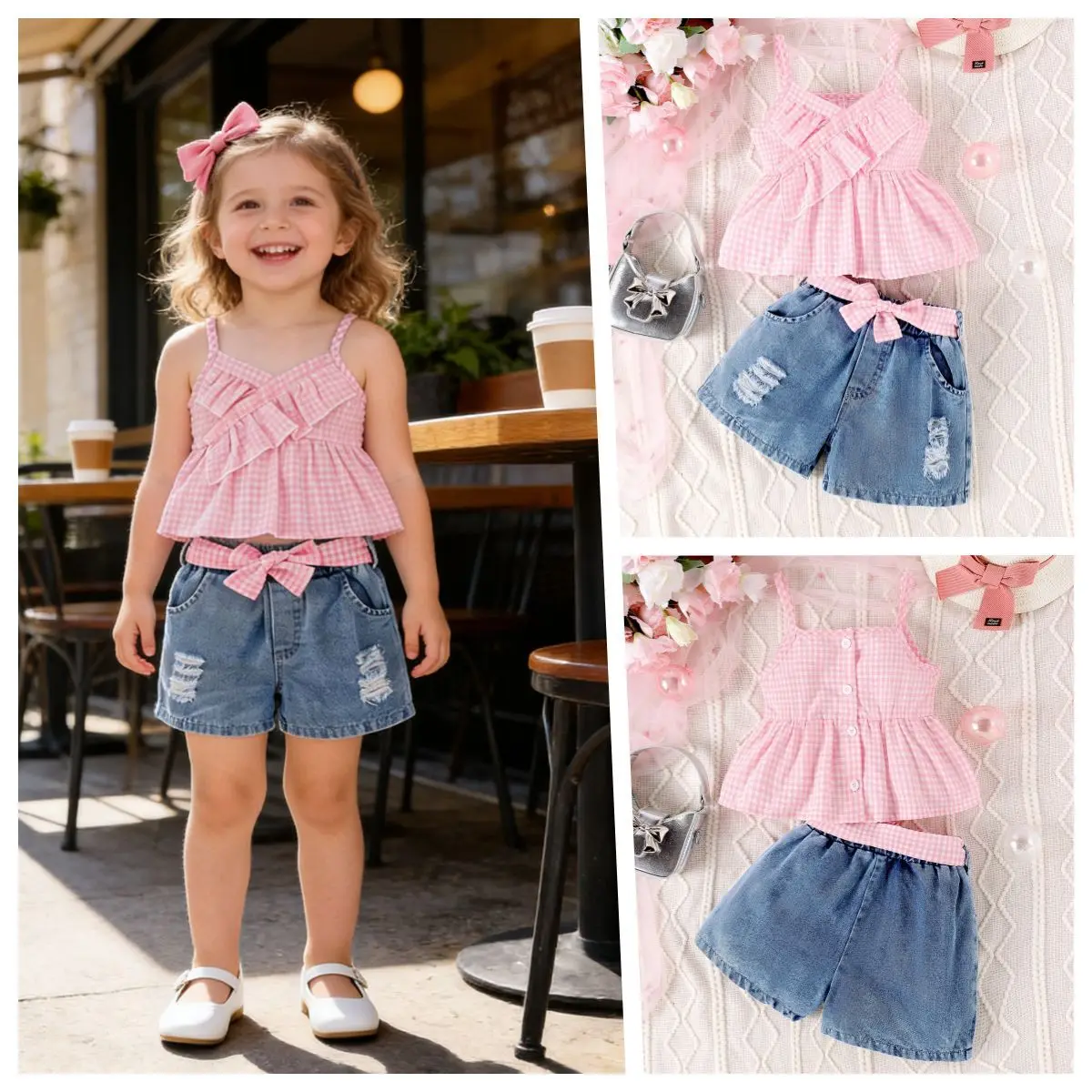 Summer Toddler Girls Fashion Outfit, Korean Style Irregular Plaid Cami Top with Ripped Jean Shorts 2PCS Set for 3-7Y