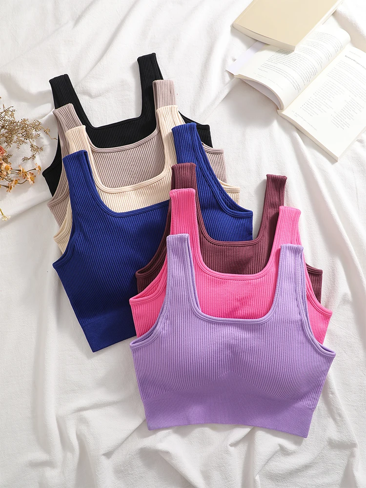 Women Seamless Ribbed Crop Tank Top Padded Bra Square Neck Sleeveless Sports Vest High Stretch Soft Breathable Fitness Yoga Top
