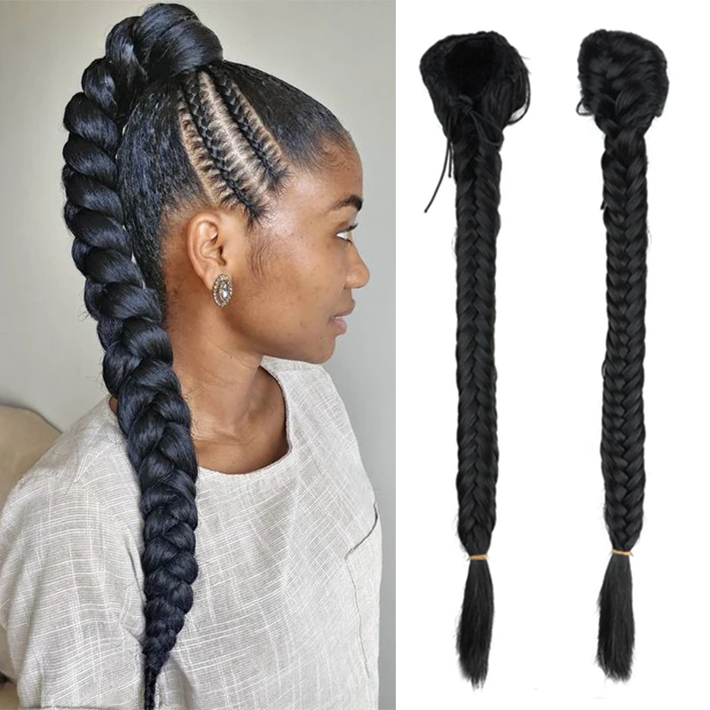 

20inch Long Straight Hair Braid Plaited Pigtail Fishtail Synthetic Drawstring Ponytail Clip In Hair Extensions For Women