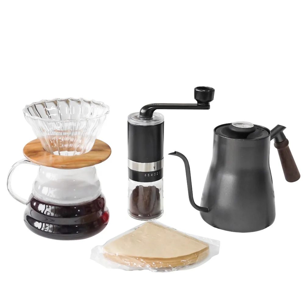 Coffee Maker Set Coffee Tools Set Adjust Grinder Black Steel Kettle Filter Paper Packing Bag with sponge