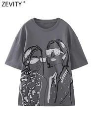 Zevity Women Fashion Wash Effect Cool Girls Print Grey Color Casual T Shirt Female O Neck Short Sleeve Beading Chic Tops T4796