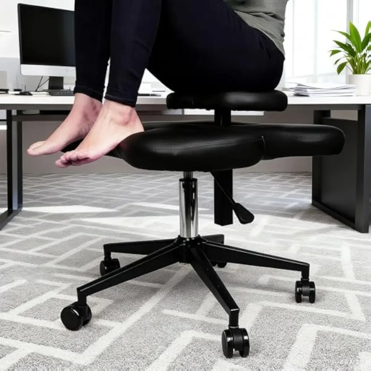 Ergonomic kneeling stool with 360-degree swivel base and adjustable height from 22.5 to 26 inches, cast iron frame, four nylon c