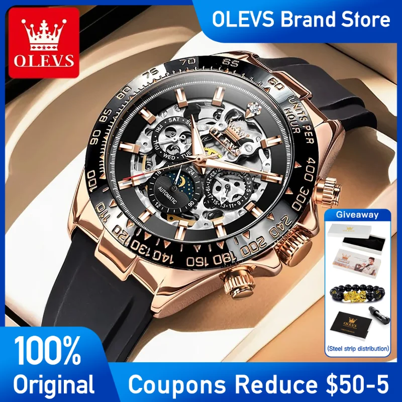 

OLEVS 6713 Mens Watch Original Luxury Skeleton Automatic Mechanical Watch Waterproof Luminous Silicone Strap brand Reloj