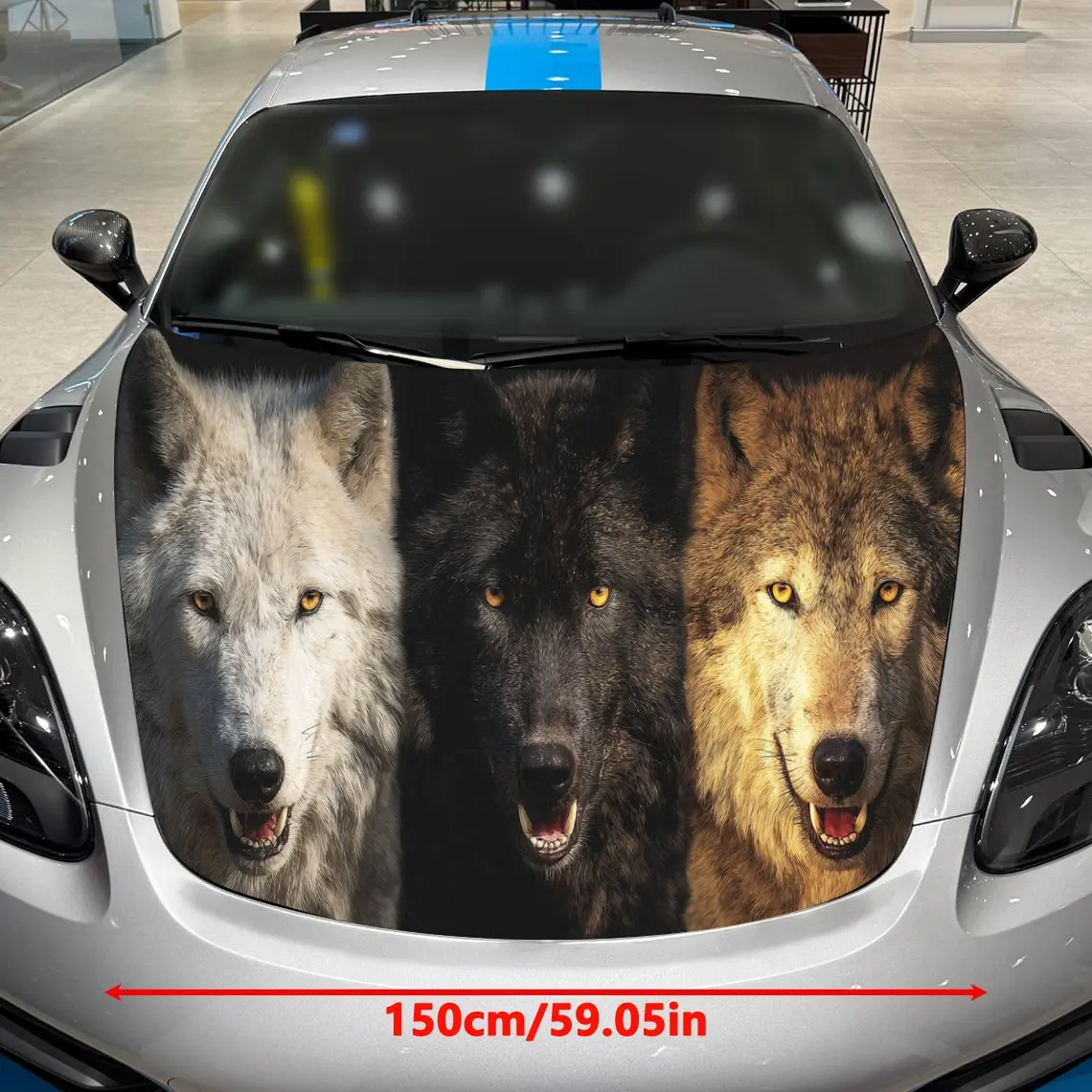 Tri-color Wolf Brave Exploration PVC Car Hood Wraps, Self-Adhesive Waterproof Car Bonnet Decal Sticker, Car Decoration Protectio