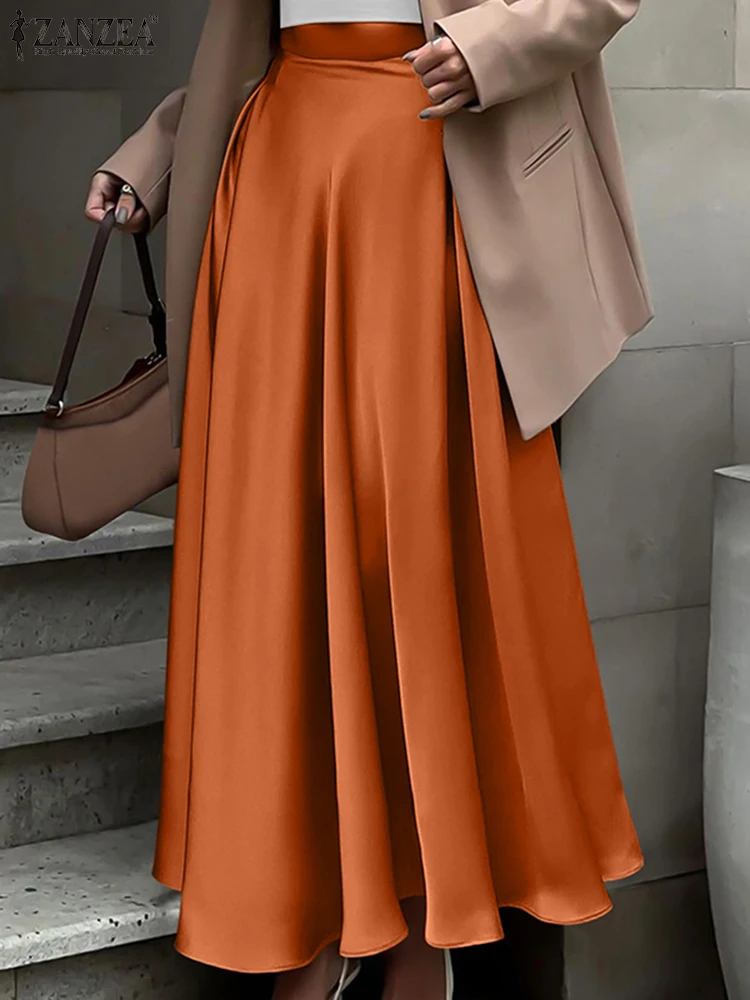 2025 ZANZEA Autumn Jupes Fashion Women High Waist Office Satin Skirts Elegant A-line OL Work Faldas Saia Solid Pleated Skirt