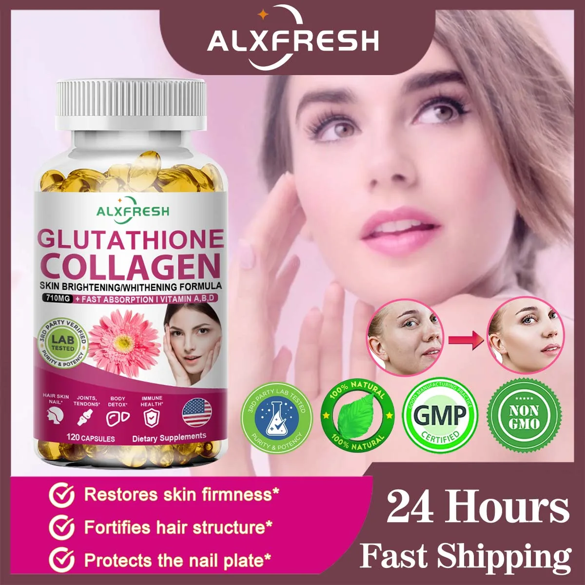 Alxfresh Collagen & Glutathione Capsule with Vitamin C for Anti-oxidation Support Skin& Hair Nails Health Nutritional Supplement