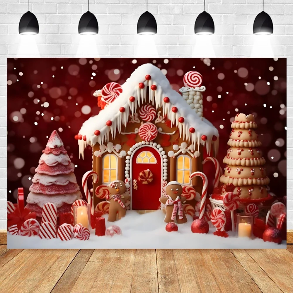 Fondo de fotografía de casa de jengibre de Navidad, copo de nieve de invierno, bastón de caramelo, regalo de árbol de Navidad, retrato de niños, fondo de fotografía rojo