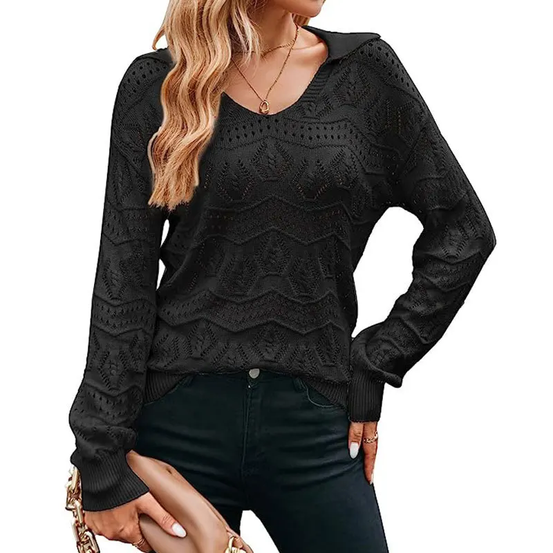 2025 Women's sweater with a lazy style and knitted sweater design featuring a hollowed out V-neck versatile top