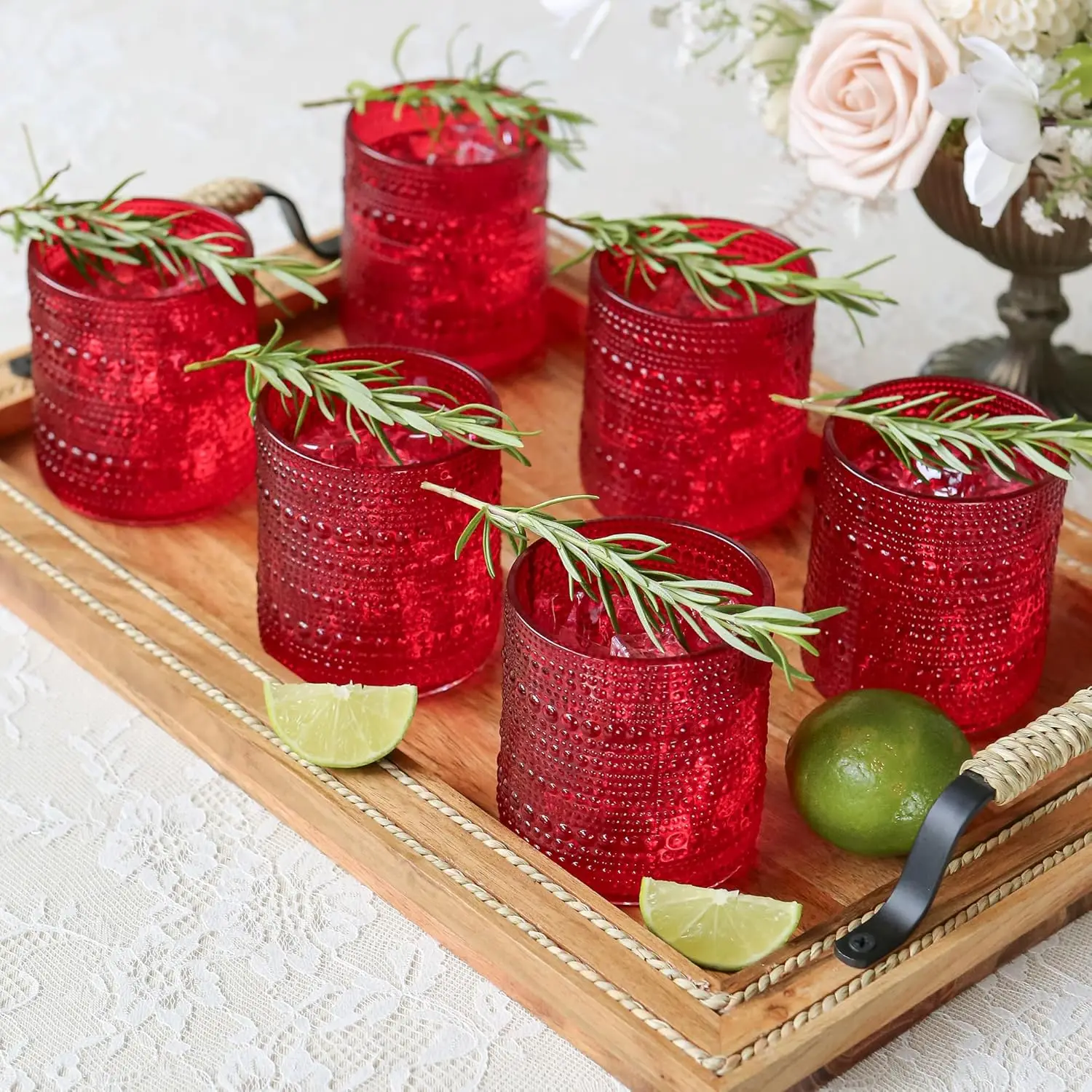 

Retro Arch Floral Red Drinking Glasses Set of 6, 10 oz Vintage Ribbed Glass Cups, Christmas Glassware & Holiday Drinkwar