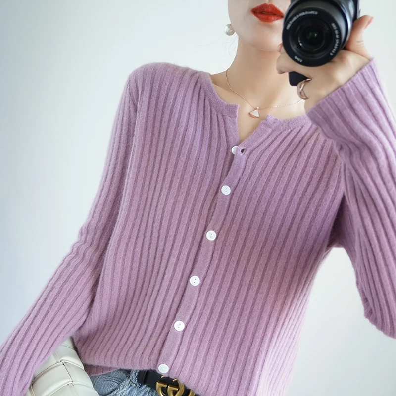 Autumn and Winter New 100% Pure Wool Cardigan Women's Crew Neck Stripped Half open Neck Fashion Solid Color Knitted Sweater