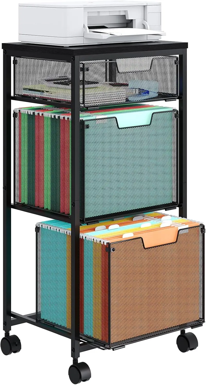 

3-Drawer Mobile File Cabinet with Lockable Wheels, Hanging Folder Organizer, Utility Cart and Printer Stand in Black