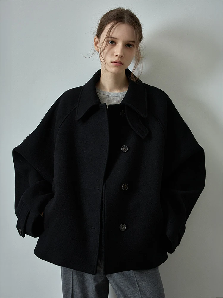 Short Woolen Coat for Women Early Spring Preppy Style Small Size Wool Blend Outerwear Korean Style Straight Cut Long Sleeve