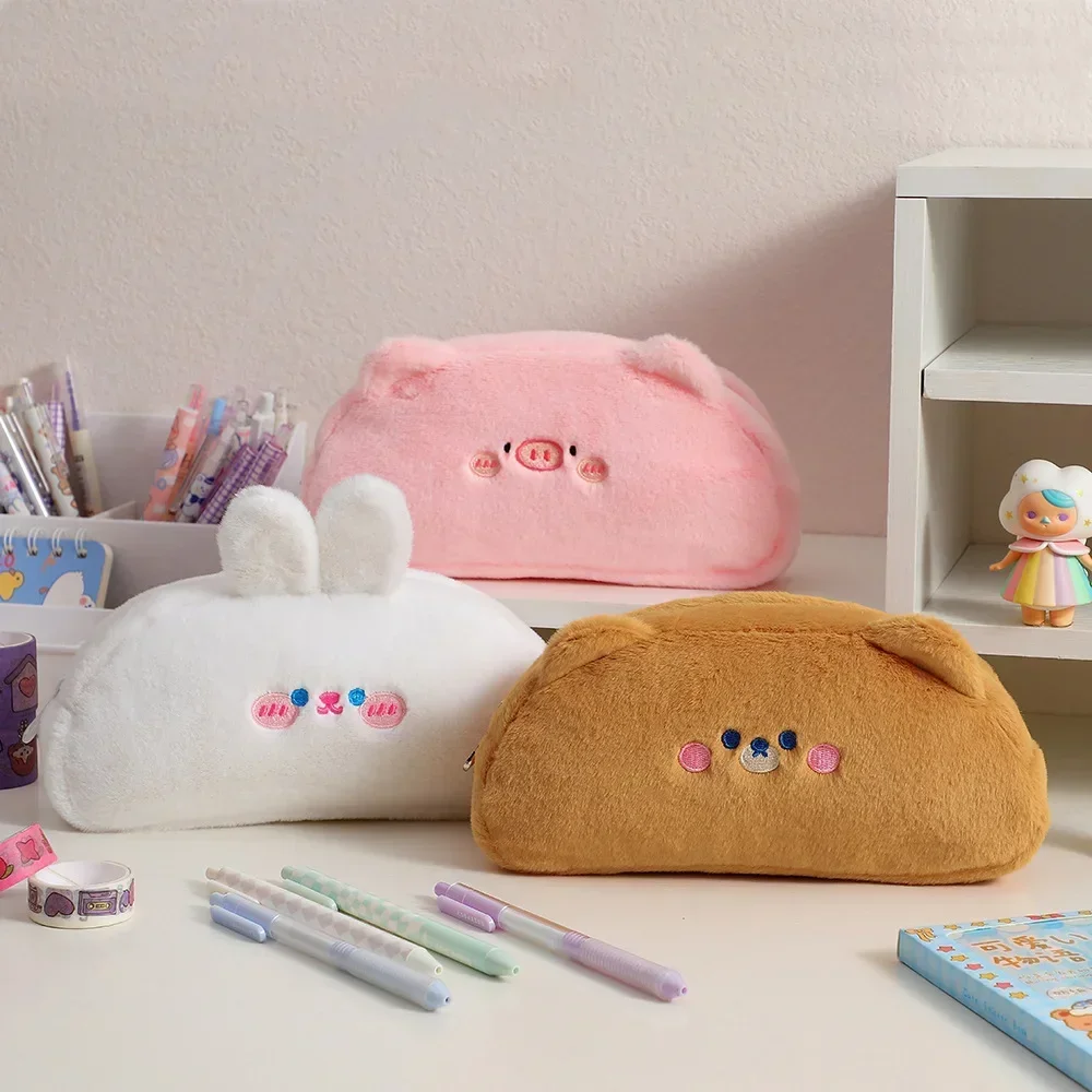 1 Pc Cute Creative Design Pencil Case for Student Sweet Cartoon Animal Pen Bag Large Capacity Furry Stationery Storage Bag