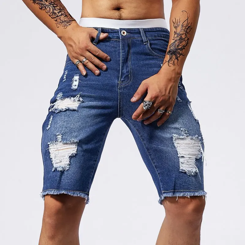 Vintage Denim Shorts Men\'s American Stretch Slim Jeans Fashion Ripped Streetwear Male Hole Frayed Short Pants Blue Black