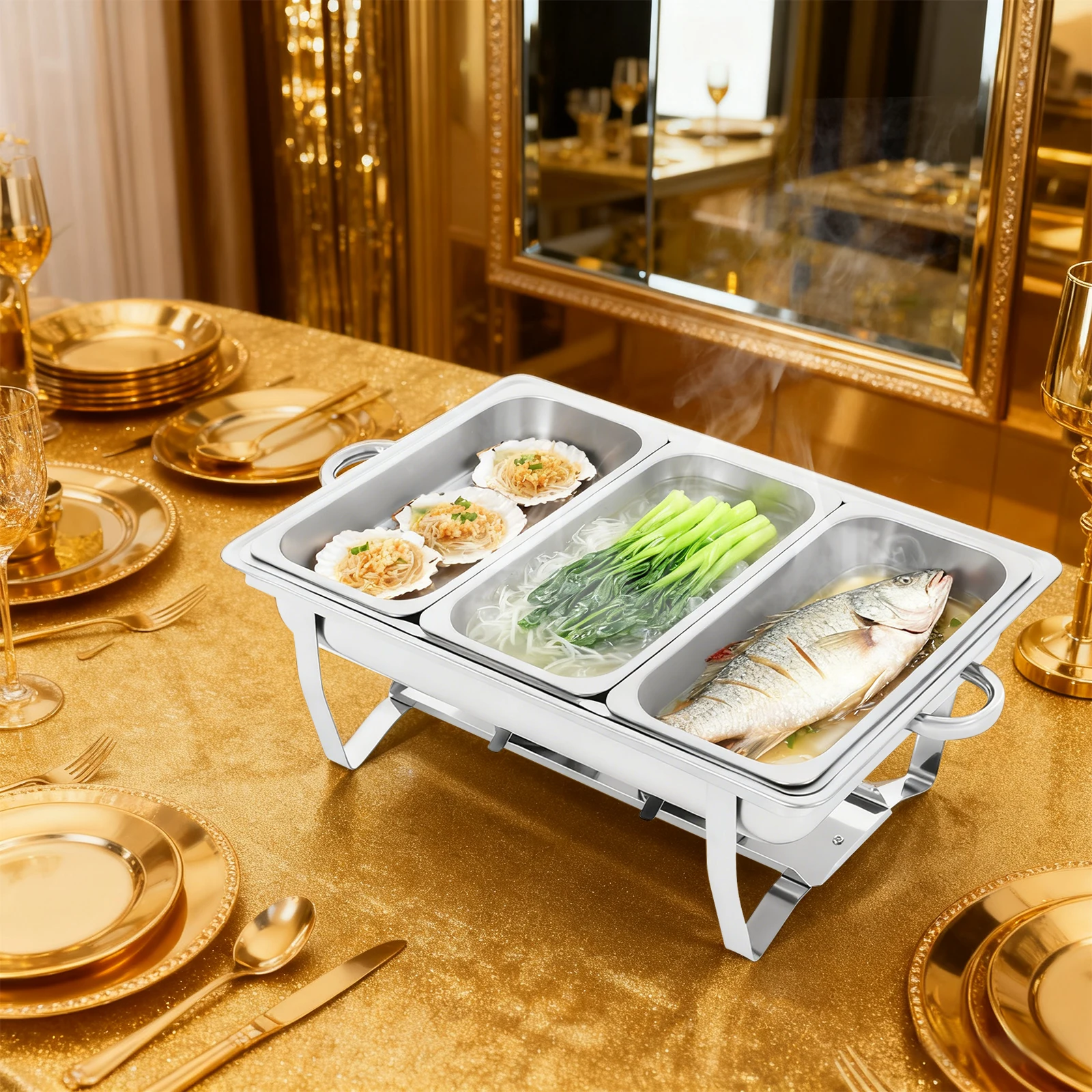 

[Chafing Dish Buffet Set] Rectangular Catering Chafer Warmer Set - Stainless Steel - Party Catering - Heat Retention Durable