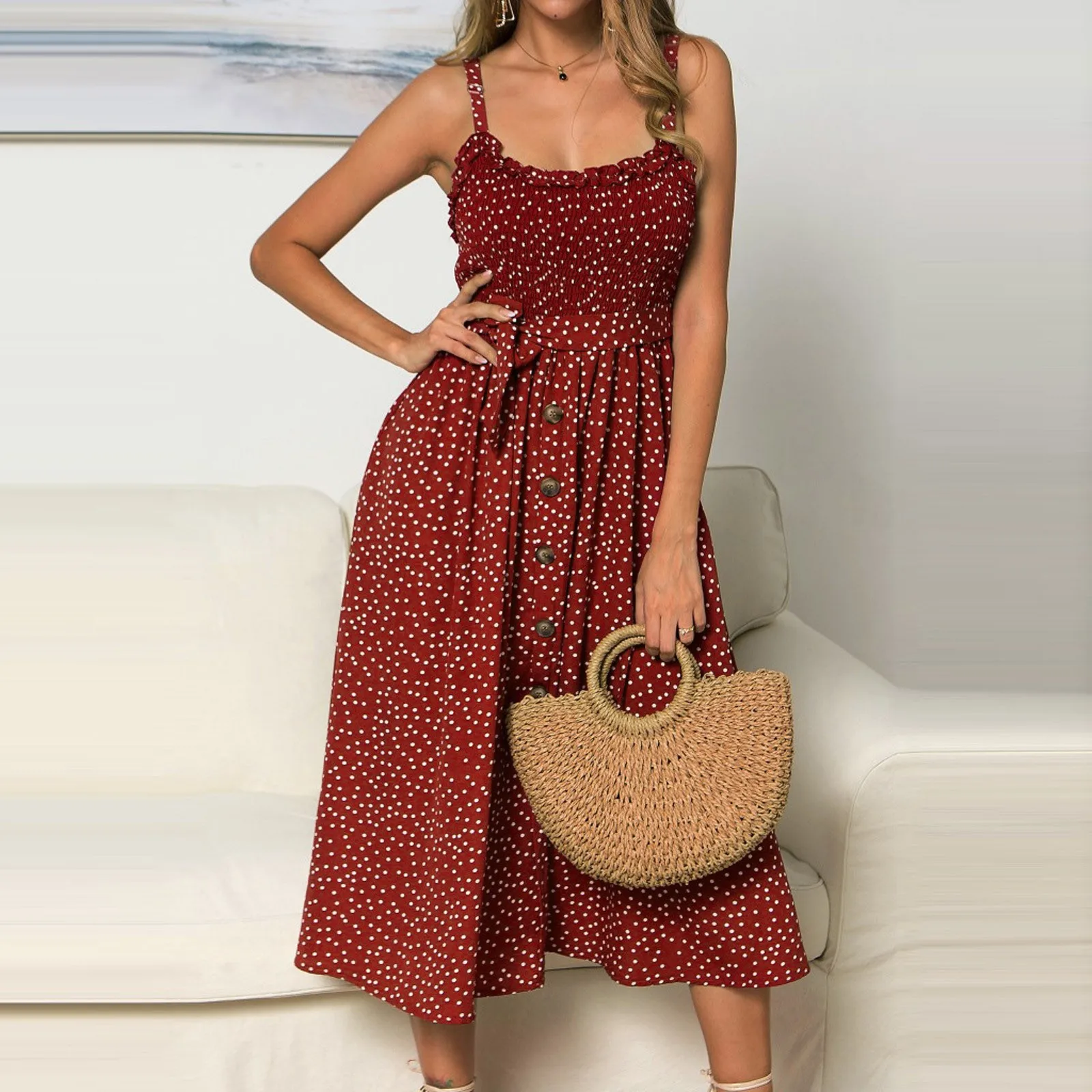 Verão boho vestido das mulheres pontos botão de impressão sem mangas cinta de espaguete floral cinto de impressão vestido magro praia vestido de festa vestidos