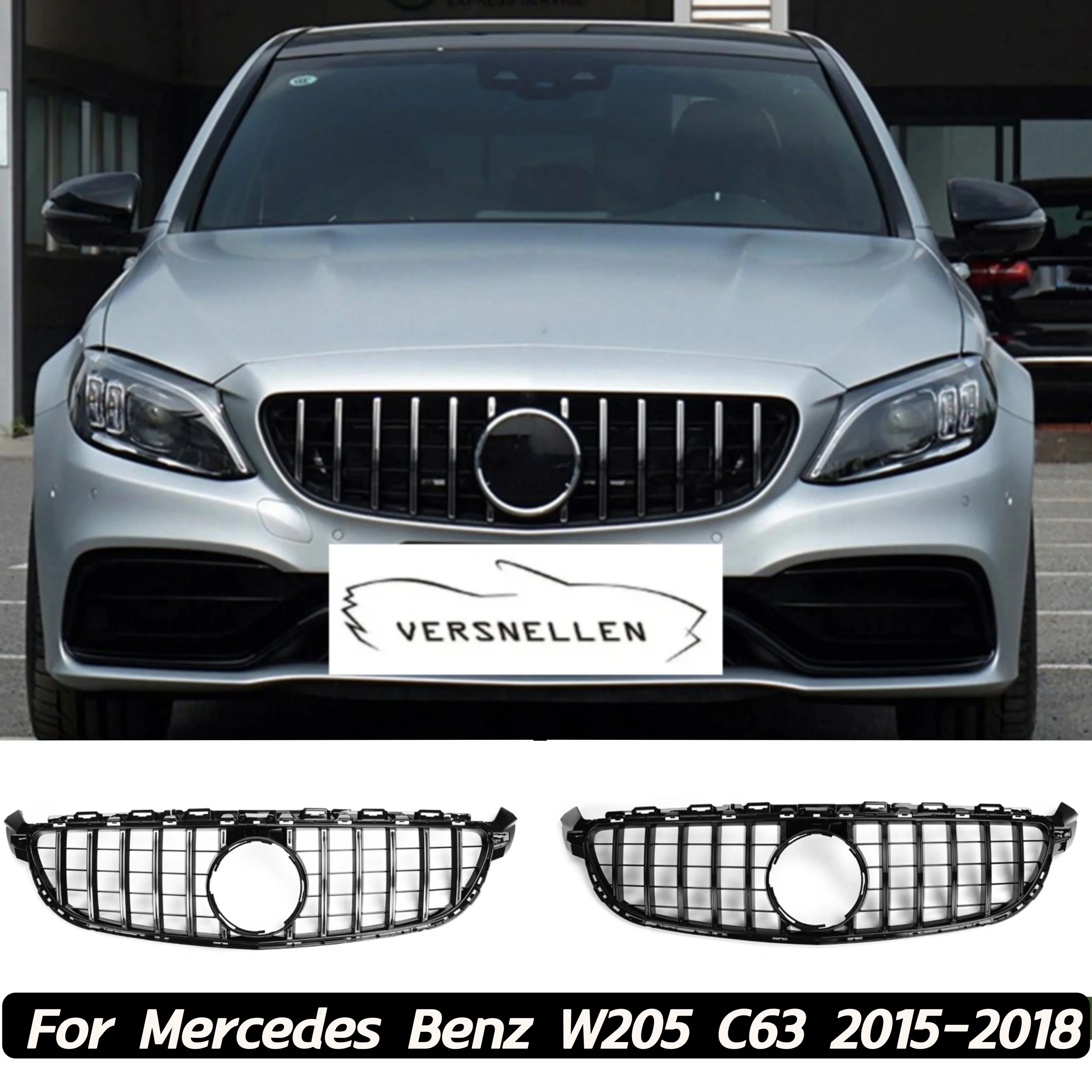 Front Grille For Mercedes Benz W205 C63 AMG 2015-2018 GT Style Black/Silver Car Upper Bumper Hood Mesh Grid Racing Grills