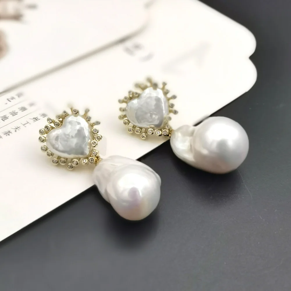 

1pair Natural White Baroque Pearl Heart Drops CZ Zirconia Earrings Post Women Bridal Ear Studs Wedding Party Gift Boho Jewelry