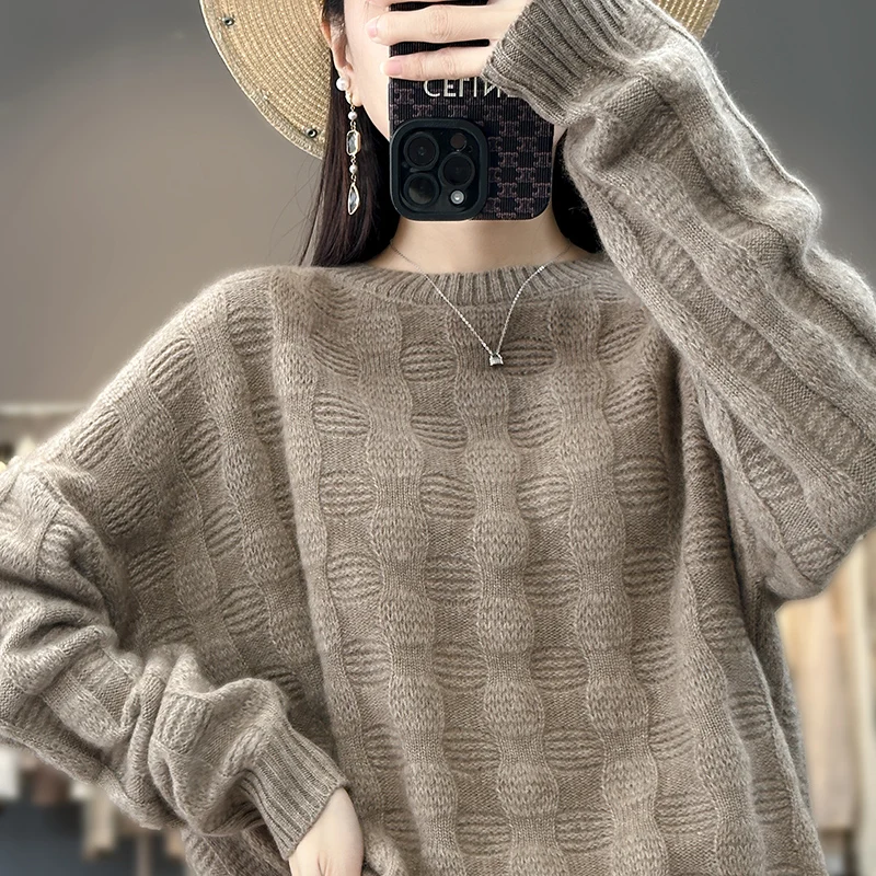 

Autumn and winter new 100% merino sweater ladies O-neck knitted long sleeve loose hollow fashion sweater pullover