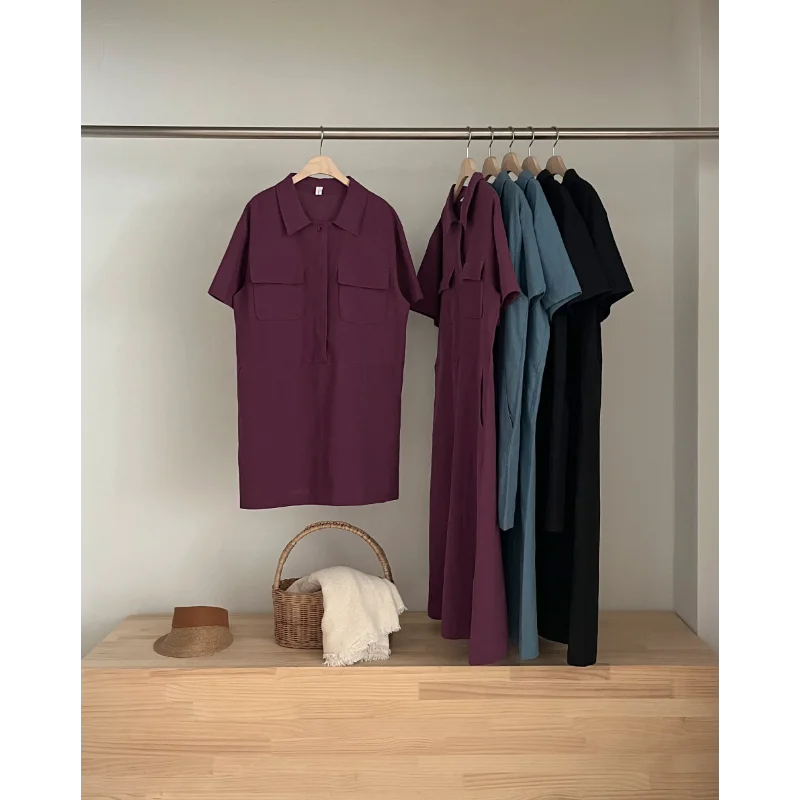 Einfaches Hemdkragen, lässiges und lockeres kurzes Kleid, Damenmode, Basic, Schwarz, Beige, kurzärmeliges Hemd, weibliches langes Kleid, Sommer