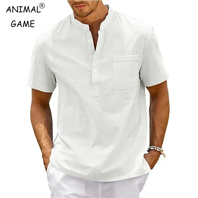 Summer Men's Short Sleeve Cotton Polo Shirts Solid Color Stand Loose Pullover Shirts Thin Soft Breathable Button T-shirt Top