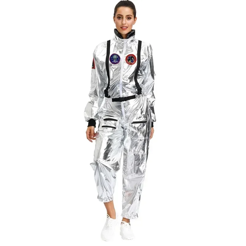 ผู้ใหญ่ผู้หญิง Silver Alien นักบินอวกาศ Spaceman COSPLAY Jumpsuit ปาร์ตี้ฮาโลวีนนักบินอวกาศอวกาศนักบินเครื่องแต่งกาย