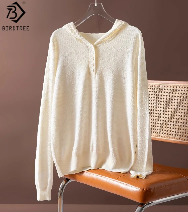 

Birdtree 5.5% Sheep Wool 28.7% Acrylic Knitwear,Woman Wool Blend Eugen Ombroidery Full Sleeve Hooded Tops Sweater T59228JF